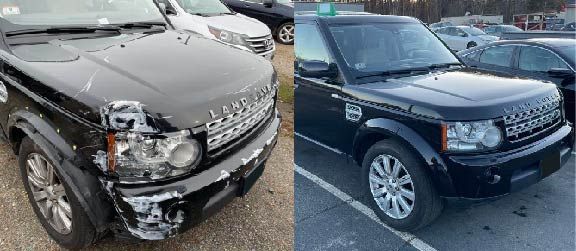 Before and after views of a black Land Rover front-end collision repair
