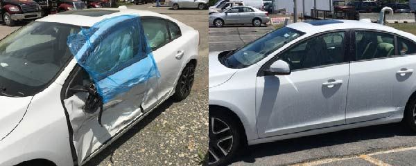 Before and after views of a white sedan side-impact repair